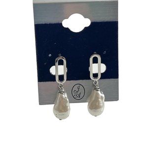 Silver Tone Faux Pearl Dangle Earrings New on Card By J A 1.5" Long